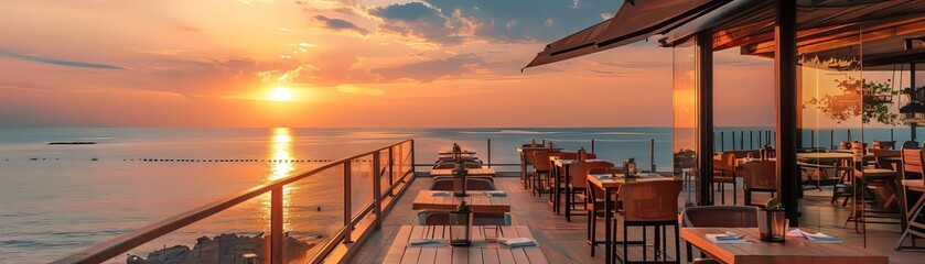 Obraz premium Picturesque seaside restaurant with stunning sunset view