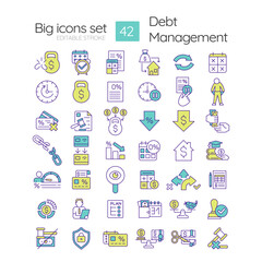 Debt management RGB color icons set. Credit card balance. Home equity, transfer money. Payment period. Isolated vector illustrations. Simple filled line drawings collection. Editable stroke