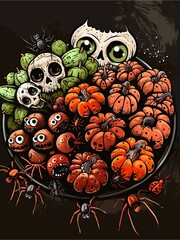 Halloween illustration with scary decoration of food, cartoon style.