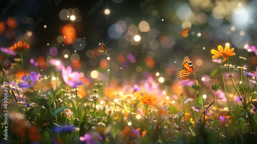 Poster intimate view of a lush wildflower field with butterflies fluttering around and warm golden light on