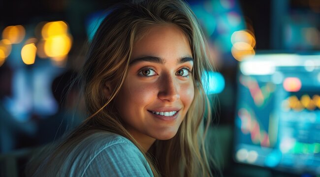 Happy young female stock investor financial trader tracking crypto stock market bull bear runs. Investing in stocks & shares. Inclusion & diversity in finance industry.