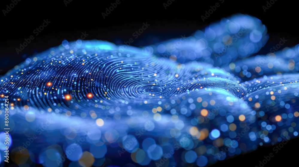Poster a detailed blue fingerprint pattern with intricate dots and a bokeh effect