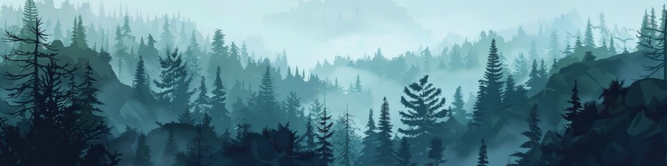 Obraz premium Ethereal Misty Forest: Aerial View of Dark Pine and Cedar Landscape. Mysterious Foggy Atmosphere with Rocky Formations. Perfect for Nature Enthusiasts, Adventure Seekers, and Atmospheric Design Projec