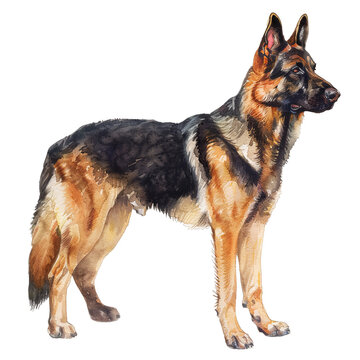 recommend clip art: Side view of a standing German Shepherd dog watercolor clipart illustration isolated on transparent background