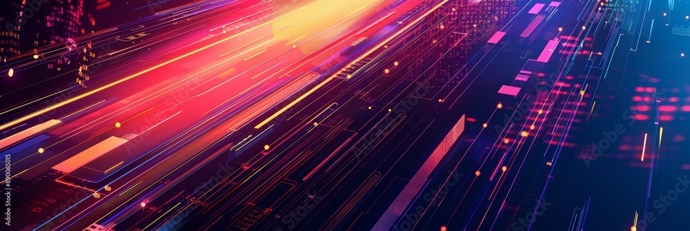 Poster abstract digital network with neon lights and speed lines - this abstract image depicts a digital ne