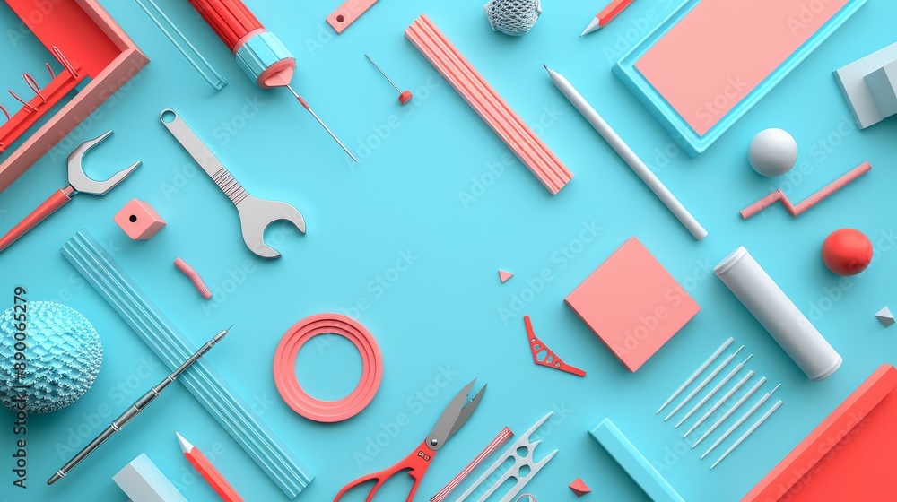 Poster abstract geometric shapes and tools on blue background - this image features a vibrant blue backgrou
