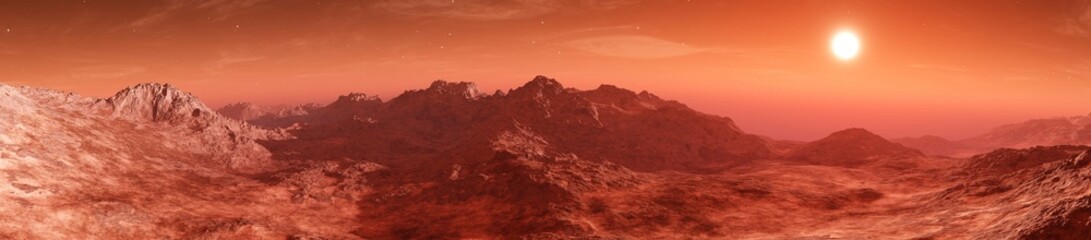Mars, Panorama of Mars, the most realistic and beautiful landscape of Mars, sunset on Mars, 3D rendering