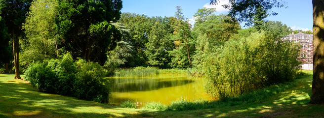 Panoramic photo of a green pond in a city park "Stabroek, Belgium" surrounded by beautiful green trees in summer.