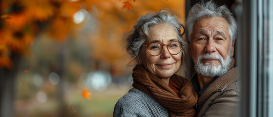 Portrait of senior couple looking at camera while standing near window at home