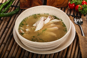 Tasty dietary chicken soup with vegetables
