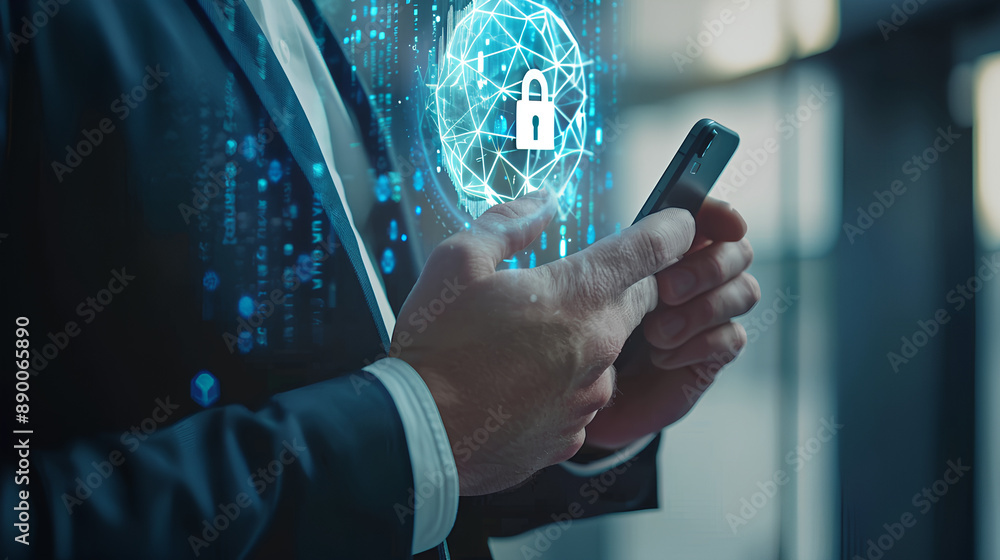 Poster cybersecurity and privacy concepts to protect data. businessman use smartphone with cyber security t