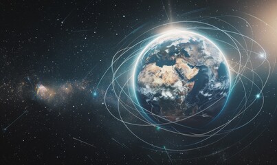 Obraz premium Ethereal Earth View from Space: Luminous Globe with Continents and Oceans Surrounded by Cosmic Glow. Starry Universe Background Celebrating Global Connectivity. Ideal for International Internet Day an
