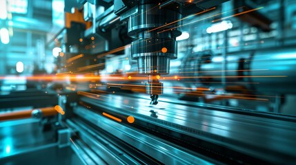 Automated Manufacturing Process with High-Speed Precision Cutting - A close-up shot of an automated manufacturing process, showcasing a high-speed cutting tool operating with precision and speed. The 