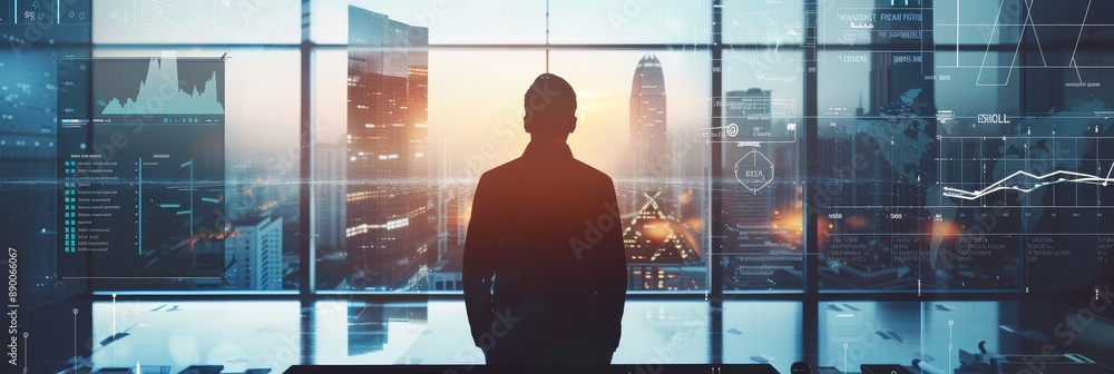 Aufkleber businessman looking at city skyline with data visualization - a businessman stands in front of a lar