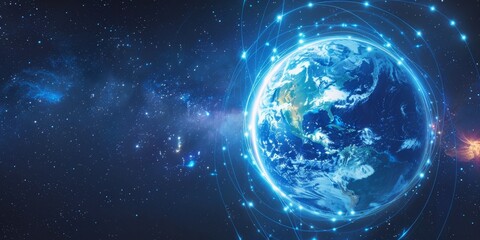 Fototapeta premium Ethereal Earth View from Space: Luminous Globe with Continents and Oceans Surrounded by Cosmic Glow. Starry Universe Background Celebrating Global Connectivity. Ideal for International Internet Day an