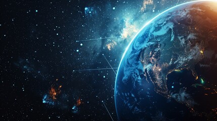 Fototapeta premium Ethereal Earth View from Space: Luminous Globe with Continents and Oceans Surrounded by Cosmic Glow. Starry Universe Background Celebrating Global Connectivity. Ideal for International Internet Day an