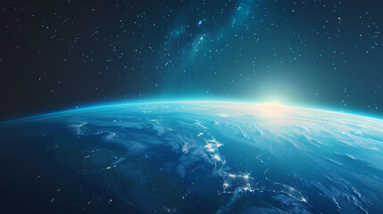 Obraz premium Earth viewed from space with blue lights shining on the horizon