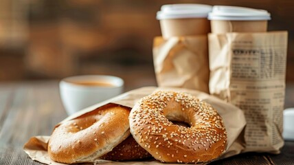 Bagels with sesame seeds paired coffee cups on wooden table