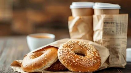 Rolgordijnen zonder boren Bagels with sesame seeds paired coffee cups on wooden table © Artyom