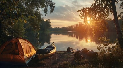  A tranquil camping scene with a kayak on the river, a tent set up on the bank, and the sun setting in the background. 
