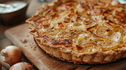 The national cuisine of France. Onion pie with sour cream and nutmeg. 