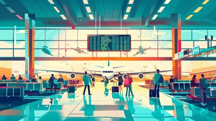 Obraz premium Departure Lounge: Awaits a New Adventure - People wait in the departure lounge, anticipation fills the air as they prepare for a journey. The large windows offer a view of the runway and the plane wai