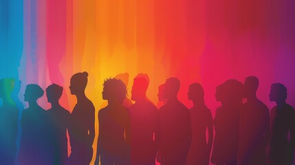 Diverse Silhouettes United by Colorful Light - A group of diverse individuals stand together in silhouette against a vibrant, colorful background, symbolizing unity, diversity, community, and hope.