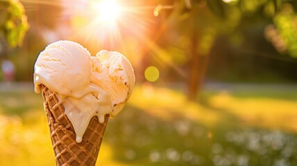 Melting ice cream cone in sunlight, creating warm, summery vibe