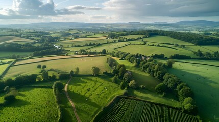 Aerial view of Somerset, England’s rural landscape