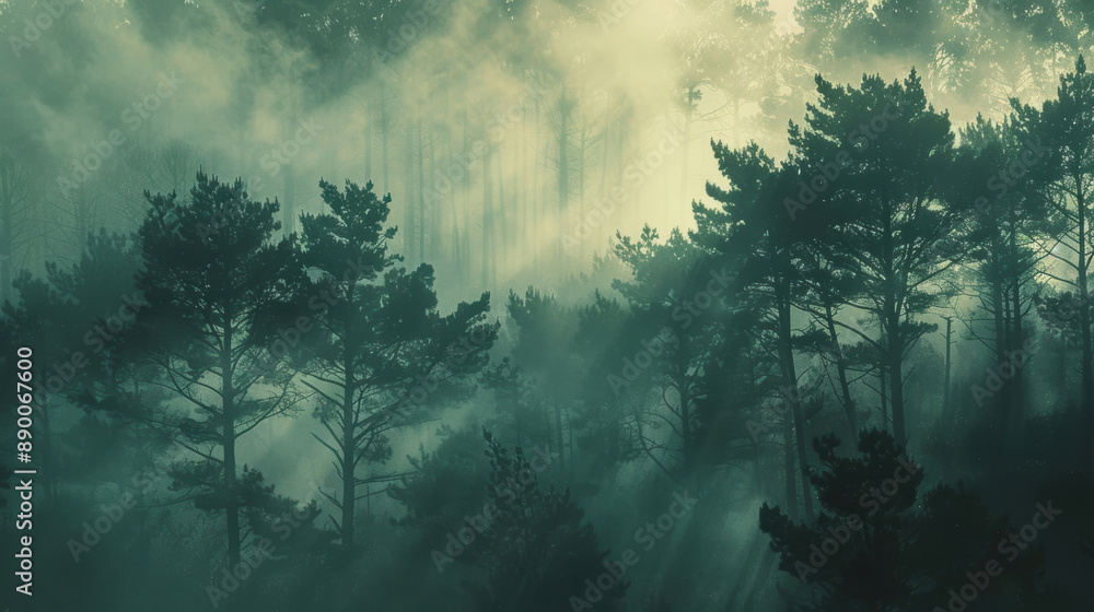 Poster a mysterious forest with tall trees shrouded in mist and sun rays piercing through, creating a magic