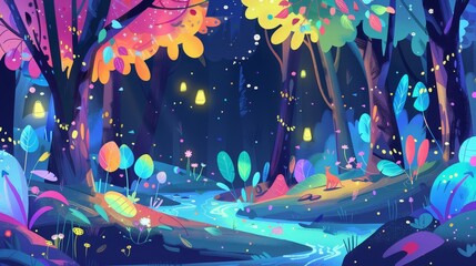 Enchanting Nighttime Forest with Glowing Lights and a Winding Stream - A magical forest scene with vibrant colors, twinkling lights, and a winding stream, symbolizing wonder, nature, serenity, fantasy