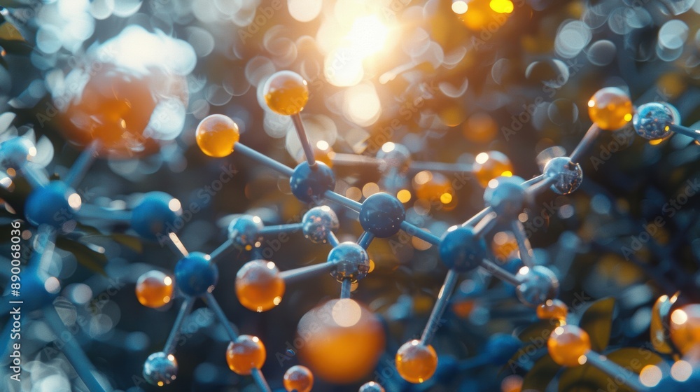 Poster closeup of a molecular structure with connecting atoms and bokeh background, representing scientific