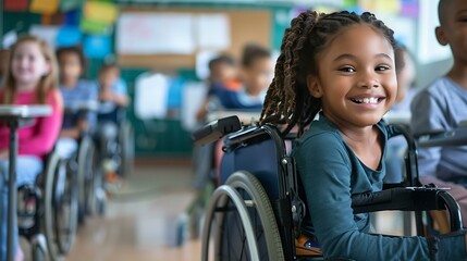 Joyful handicapped child in a wheelchair in a school classroom filled with healthy peers, highlighting inclusive education practices.