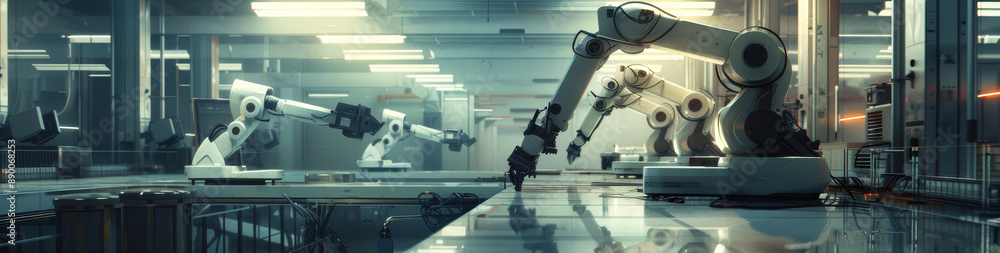 Aufkleber futuristic factory automation: robotic arms in action - a row of robotic arms work in unison in a sl