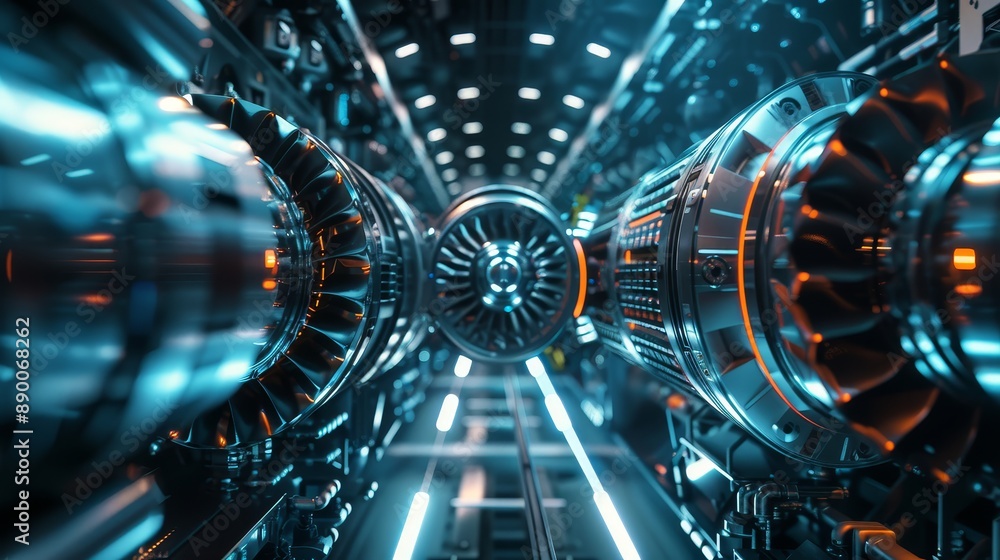 Poster futuristic jet engine tunnel - high-tech industrial design - a close-up view of a futuristic jet eng