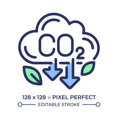 CO2 emissions pixel perfect RGB color icon. Greenhouse gas. Pollution reduce, decarbonization. Global warming, climate change. Isolated vector illustration. Simple filled line drawing. Editable stroke