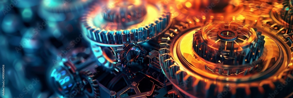Aufkleber glowing gears: abstract machine background - a close-up of intricate gears in motion, glowing with v