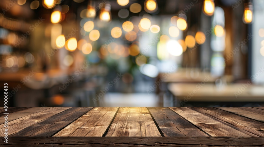 Poster empty rustic wooden table in a cozy cafe with warm, blurred lights in the background, perfect for pr