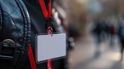 Close-up of a blank name tag on a red lanyard, worn outdoors, ideal for events, identification, and conferences.