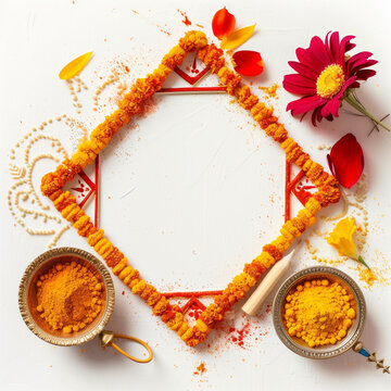 Puja thali with deepak with a small photo frame, on white background.
