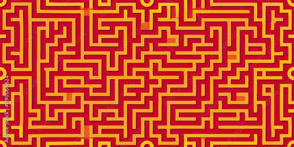 Poster seamless pattern background with a continuous line maze in green and yellow colors