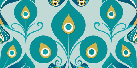 Naklejka premium seamless art nouveau repeat pattern, teal peacock feathers, pale green background