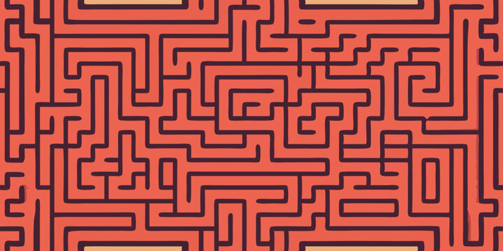 Seamless repeat pattern of continuous red background and black maze design