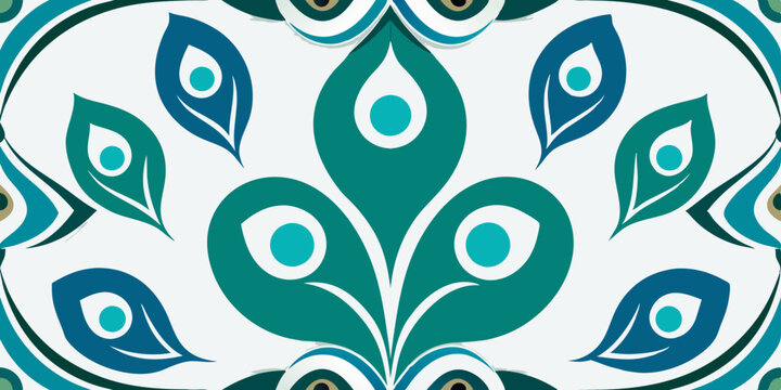 seamless pattern art nouveau peacock feather motifs blue, green, white background
