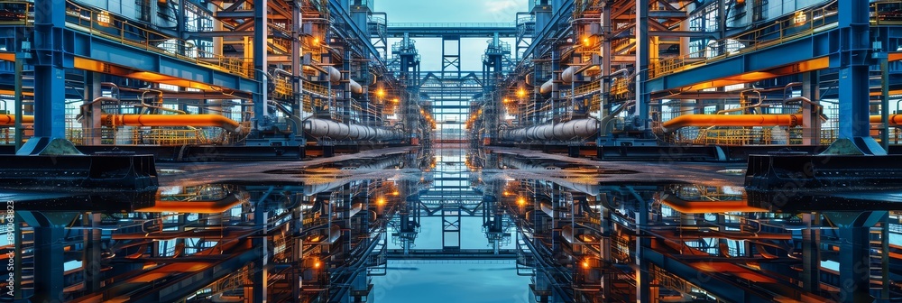 Poster industrial architecture reflected in water - a symmetrical view of an industrial complex with its re