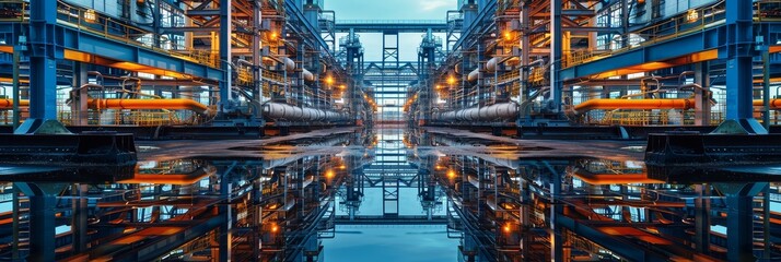 Fototapeta premium Industrial Architecture Reflected in Water - A symmetrical view of an industrial complex with its reflection in a puddle of water, symbolizing industry, technology, precision, efficiency, and progress