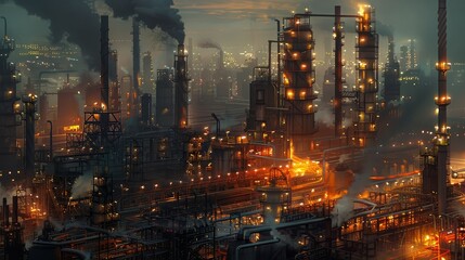 Industrial Cityscape at Night, Illuminated by Bright Lights - A nighttime cityscape showcasing a large industrial complex, with towering structures lit by vibrant lights and smoke billowing into the a