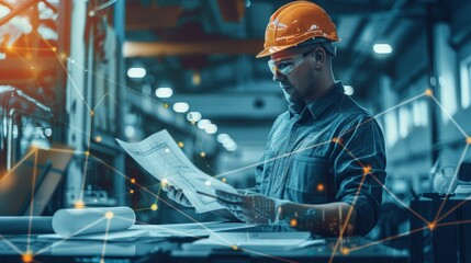 Industrial Engineer Reviewing Blueprints for Construction Project - A skilled engineer in a hard hat and safety glasses, meticulously reviewing blueprints in a bustling industrial setting. The image s