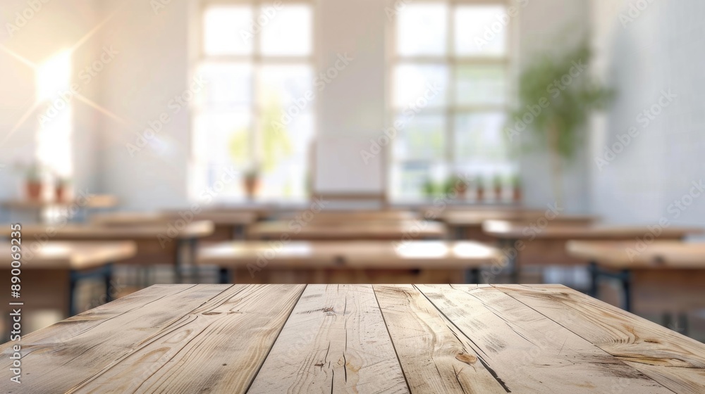 Poster blurred background of an empty classroom with sunlight streaming through windows, focusing on a wood