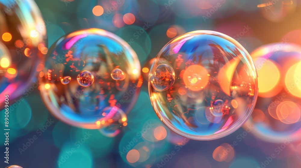 Poster close-up of vibrant soap bubbles with colorful reflections and bokeh lights, creating a playful and 